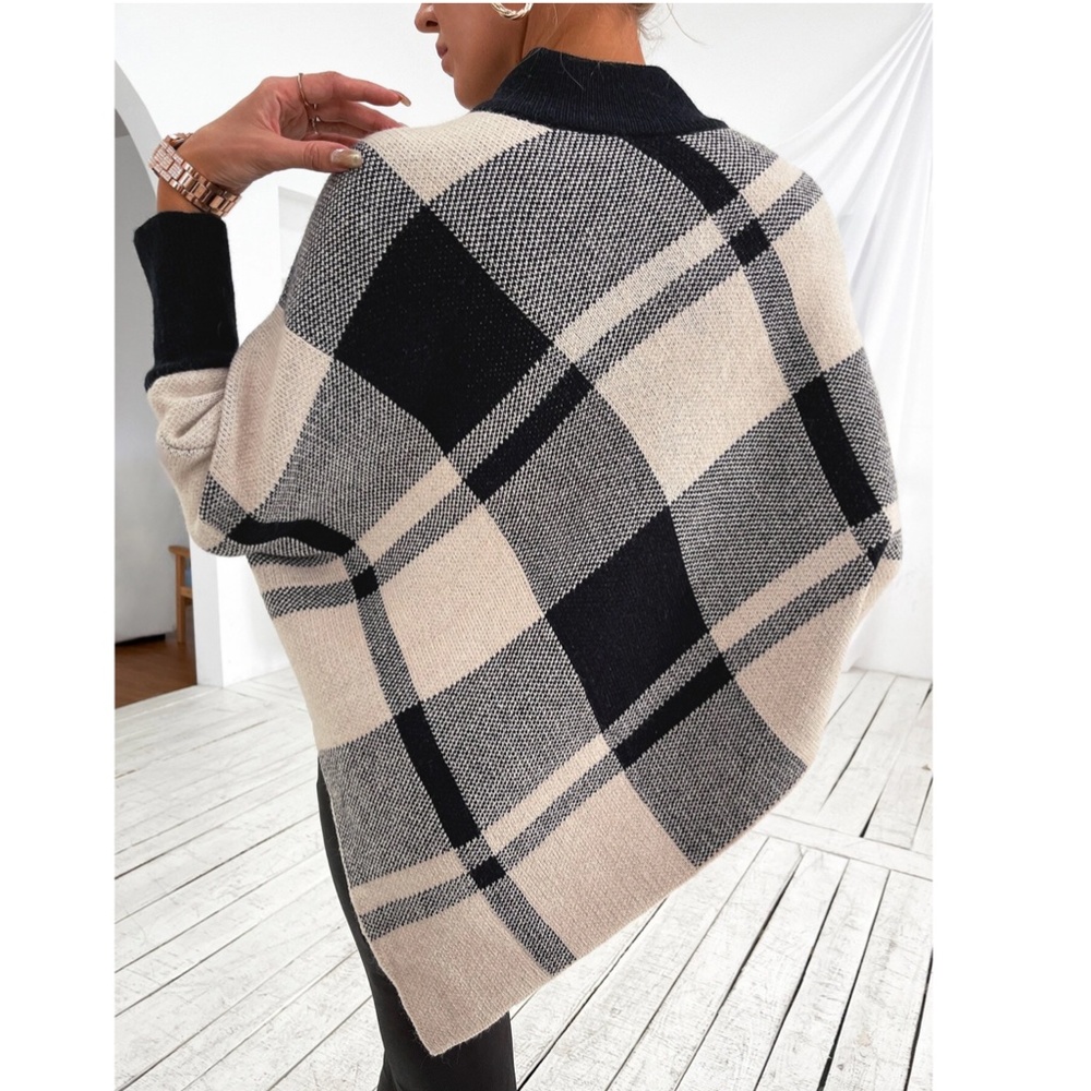 Plaid Poncho Style Sweater Turtleneck Beige Black - Picture 5 of 14